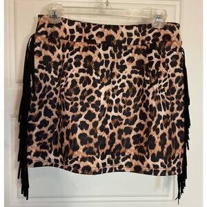 Leopard Print Mini Skirt with Fringe